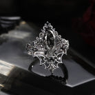 Bat Ring - Gothic Marquise Cut Black Rutilated Quartz Engagement Ring Set with Bat Wing Inspired Band