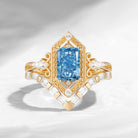 Vintage Inspired Emerald Cut Lab Blue Diamond Maximalist Engagement Ring Bridal Set 2pcs
