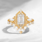 Vintage Inspired Emerald Cut Lab Diamond Maximalist Engagement Ring Bridal Set 2pcs