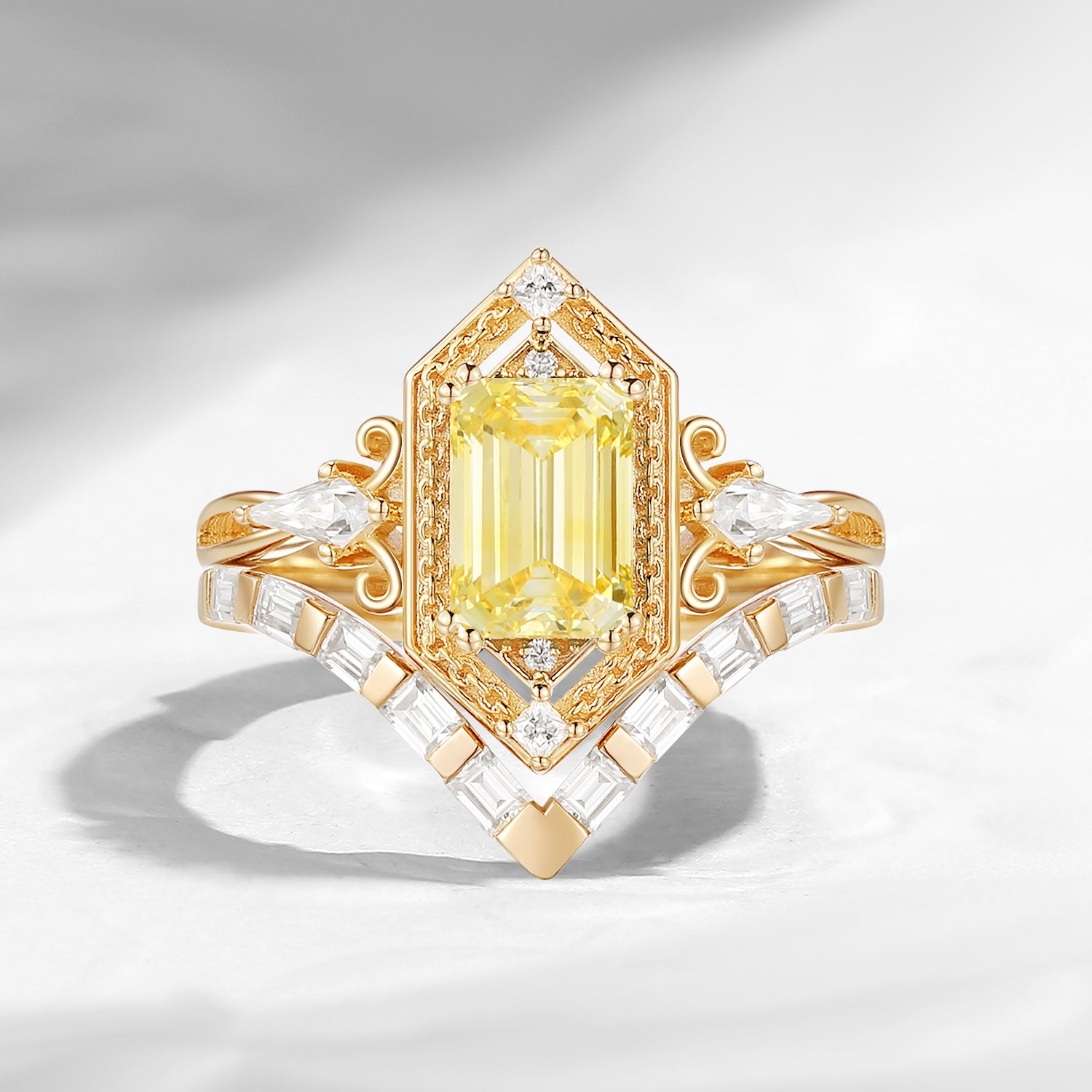 Vintage Inspired Emerald Cut Lab Yellow Diamond Maximalist Engagement Ring Bridal Set 2pcs