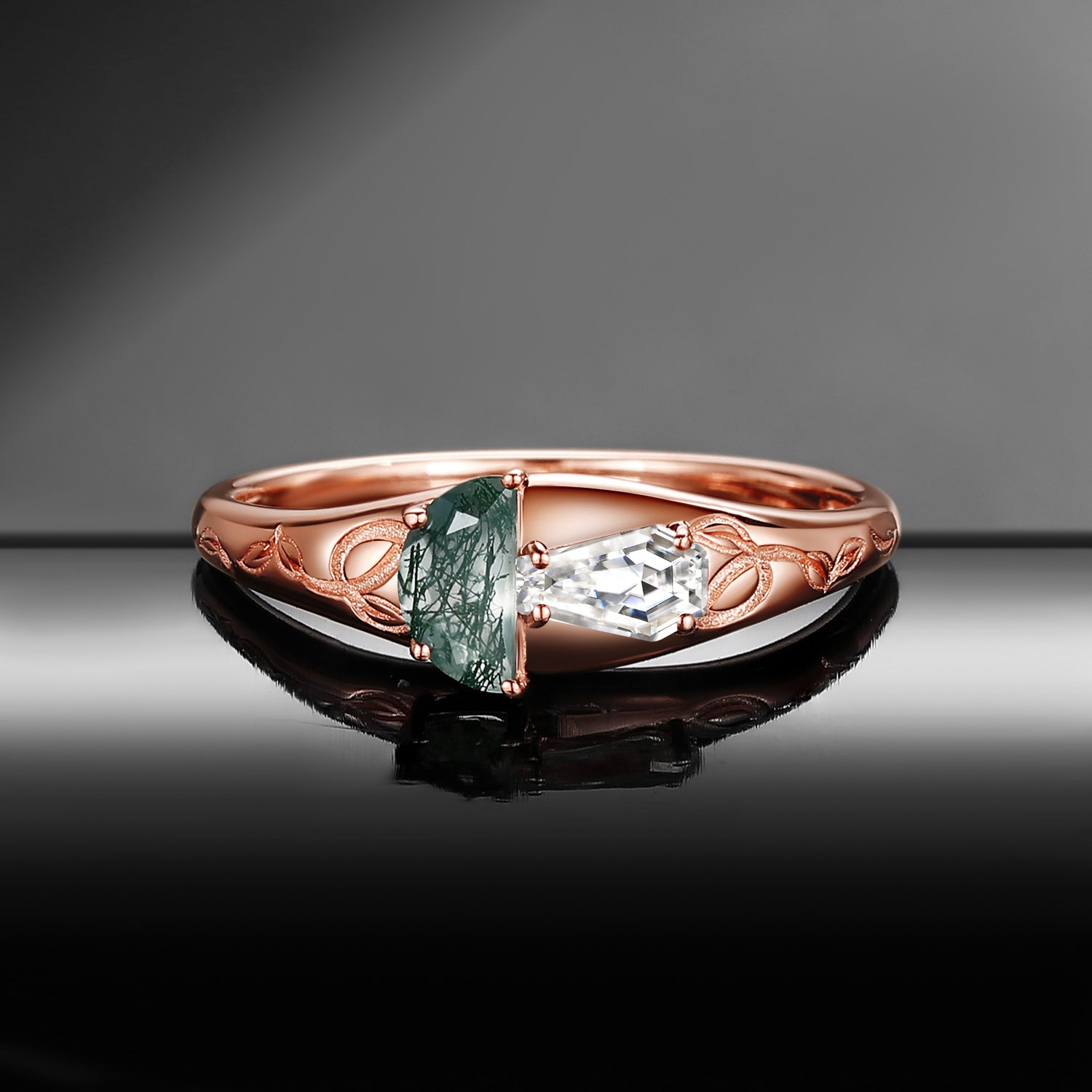 Unique Half Moon Moss Agate & Coffin Moissanite 'Tree of Life' Mushroom Ring Filigree Wedding Band