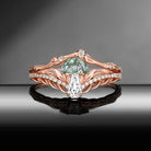 Nature Inspired Bark Textured 'Tree of Life' Half Moon Moss Agate & Coffin Moissanite Mushroom Engagement Ring Set 2pcs