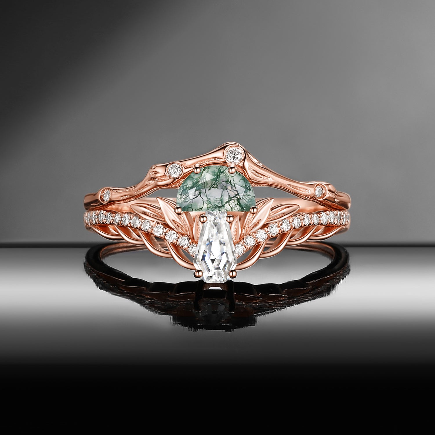 Nature Inspired Bark Textured 'Tree of Life' Half Moon Moss Agate & Coffin Moissanite Mushroom Engagement Ring Set 2pcs