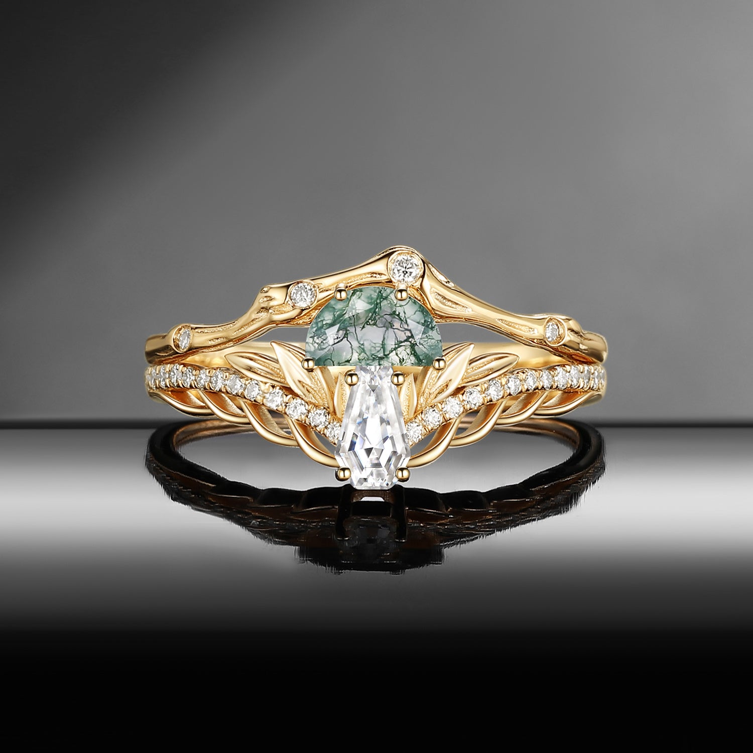 Nature Inspired Bark Texture 'Tree of Life' Half Moon Moss Agate & Coffin Moissanite Mushroom Engagement Ring Set 2pcs
