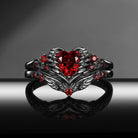 Gothic Style Heart Cut Garnet Bridal Set with Angel Wing Cruved Band