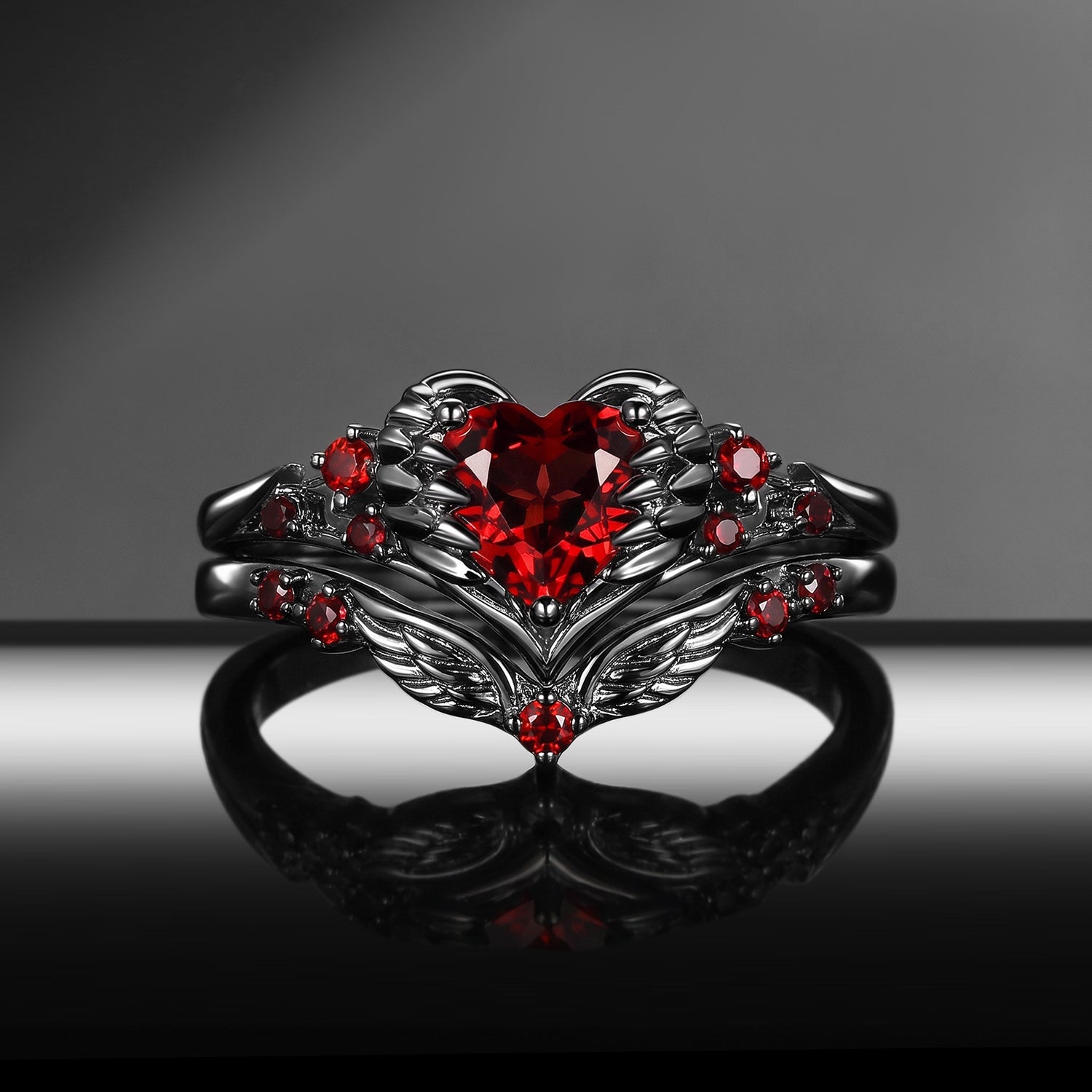 Gothic Style Heart Cut Garnet Bridal Set with Angel Wing Cruved Band