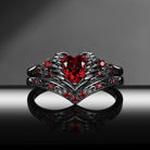 Gothic Heart Cut Red Garnet Engagement Ring Set with Openwork Curved Band