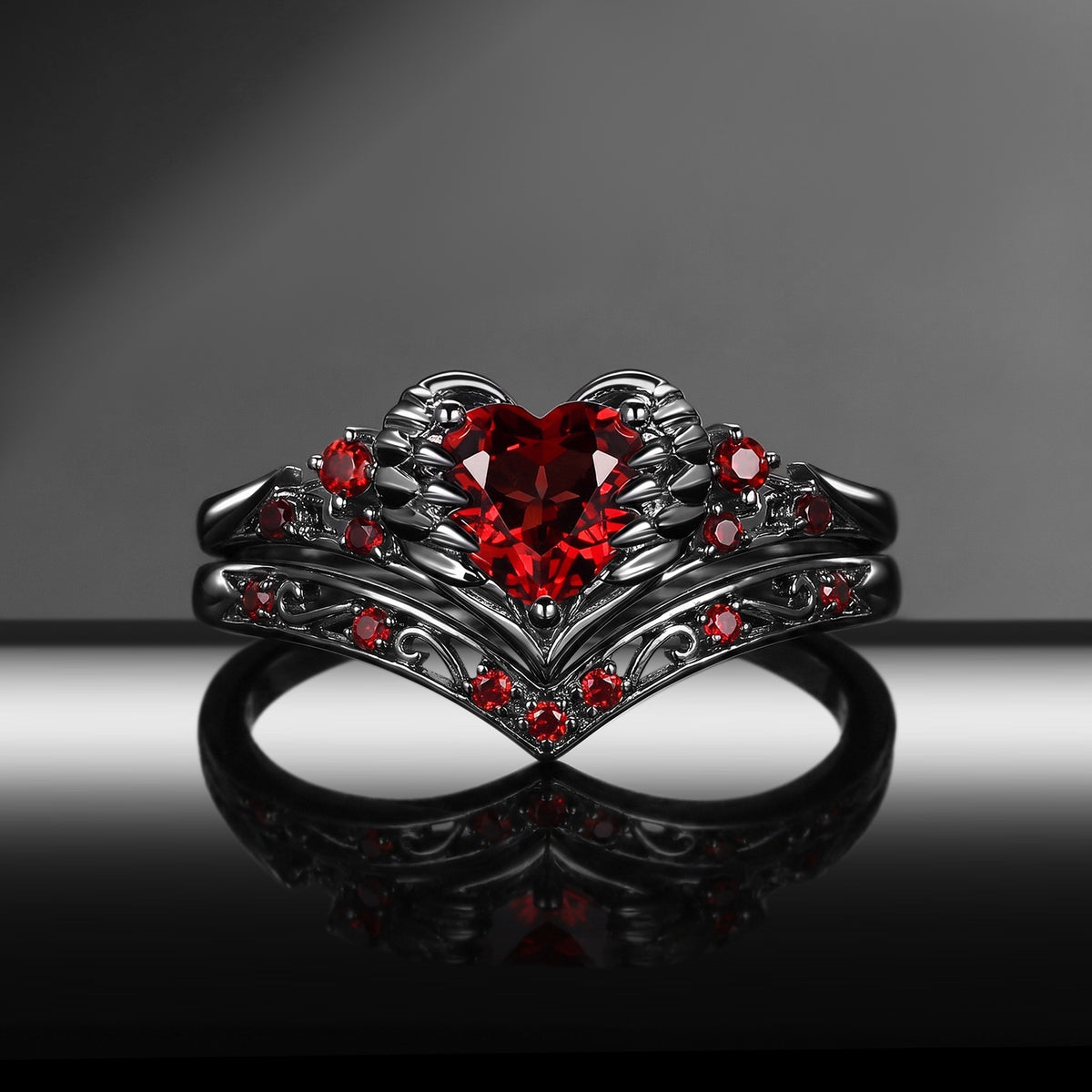 Gothic Heart Cut Red Garnet Engagement Ring Set with Openwork Curved Band