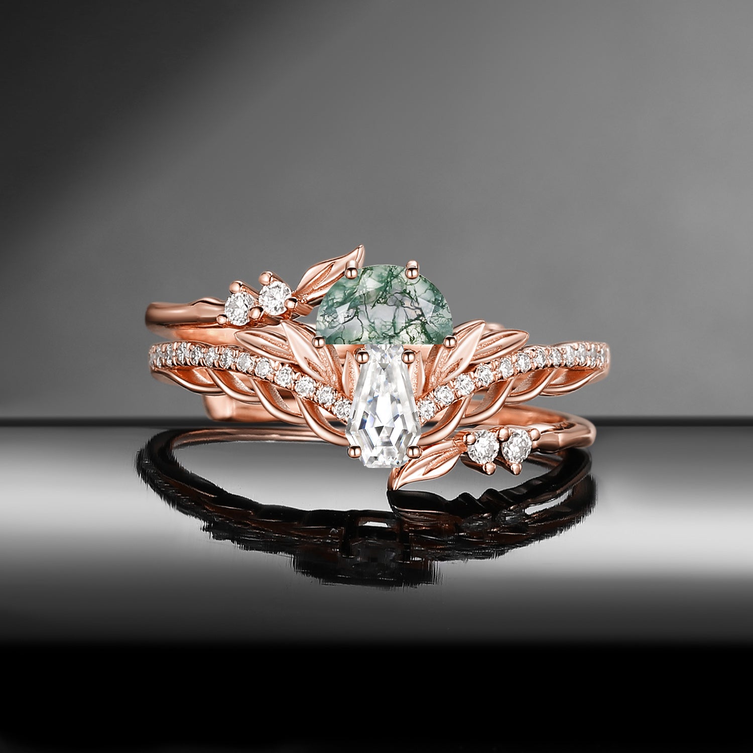 Nature Inspired 'Tree of Life' Half Moon Moss Agate & Coffin Moissanite Mushroom Leafy Cage Ring Set 2pcs