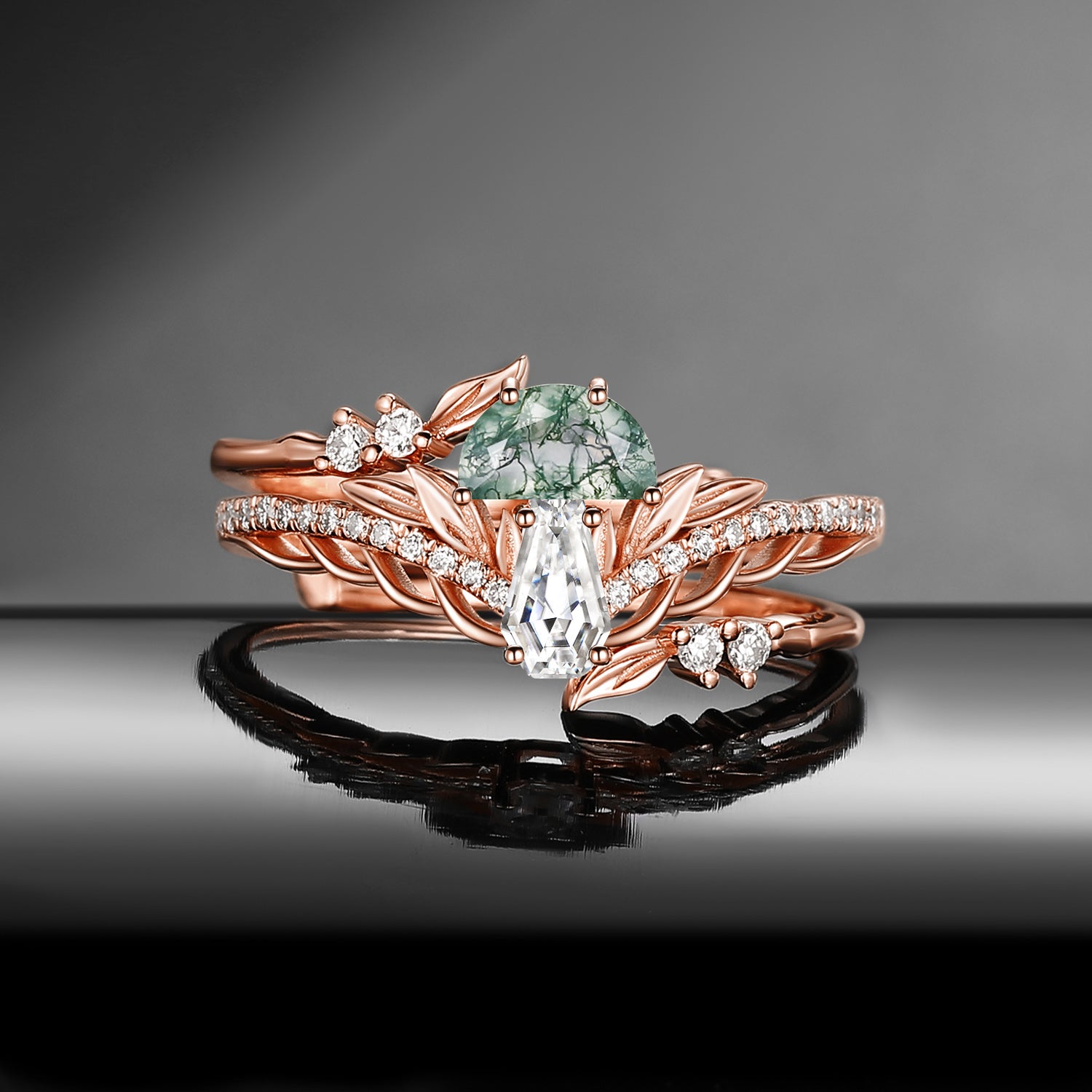 Nature Inspired 'Tree of Life' Half Moon Moss Agate & Coffin Moissanite Mushroom Leafy Cage Ring Set 2pcs