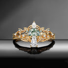 Bark Textured Half Moon Moss Agate & Coffin Moissanite 'Tree of Life' Leafy Mushroom Engagement Ring Set 2pcs