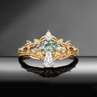 Bark Textured Half Moon Moss Agate & Coffin Moissanite 'Tree of Life' Leafy Mushroom Engagement Ring Set 2pcs