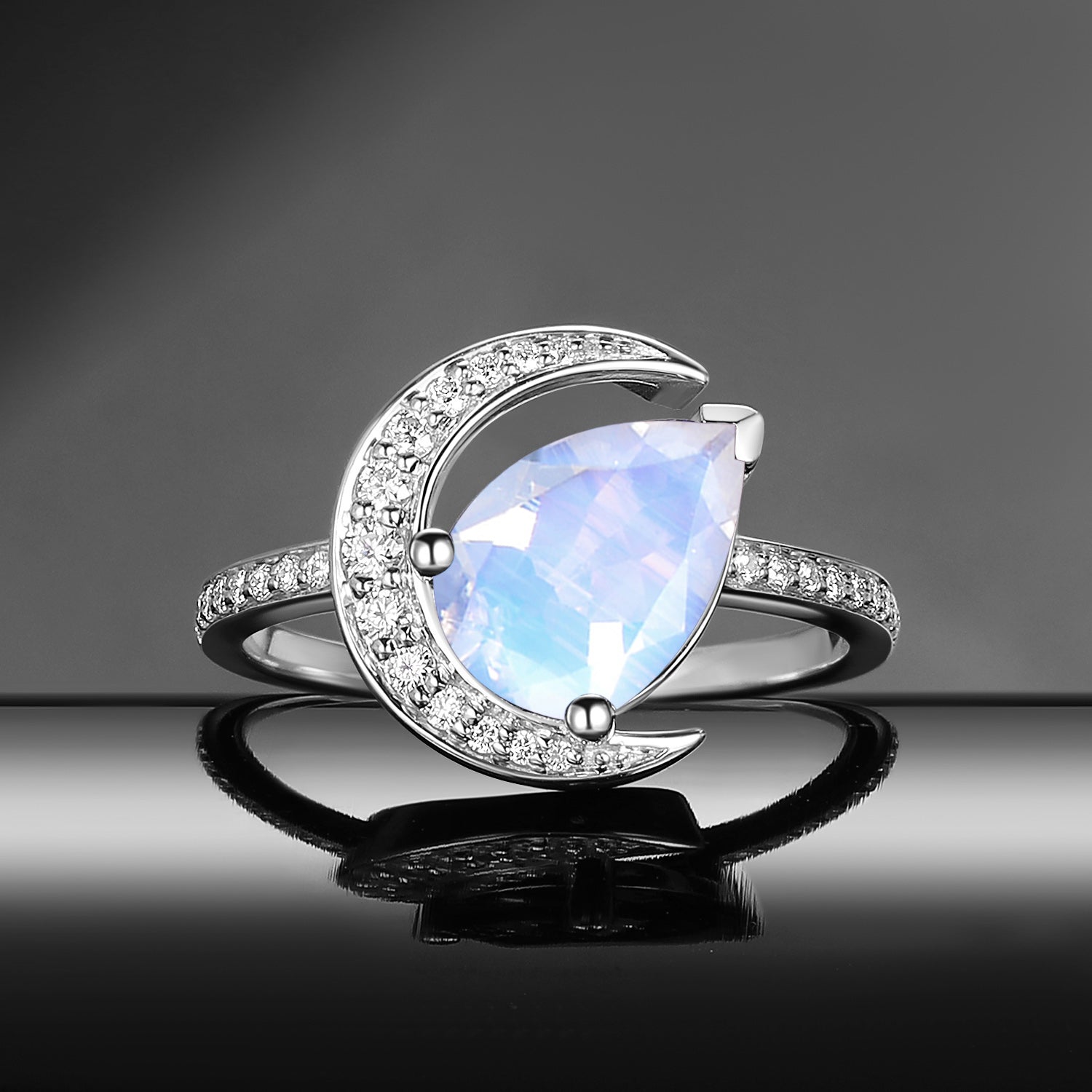 'Moonlit Reverie' - Tilted Pear Cut Natural Moonstone Crescent Moon Engagement Ring