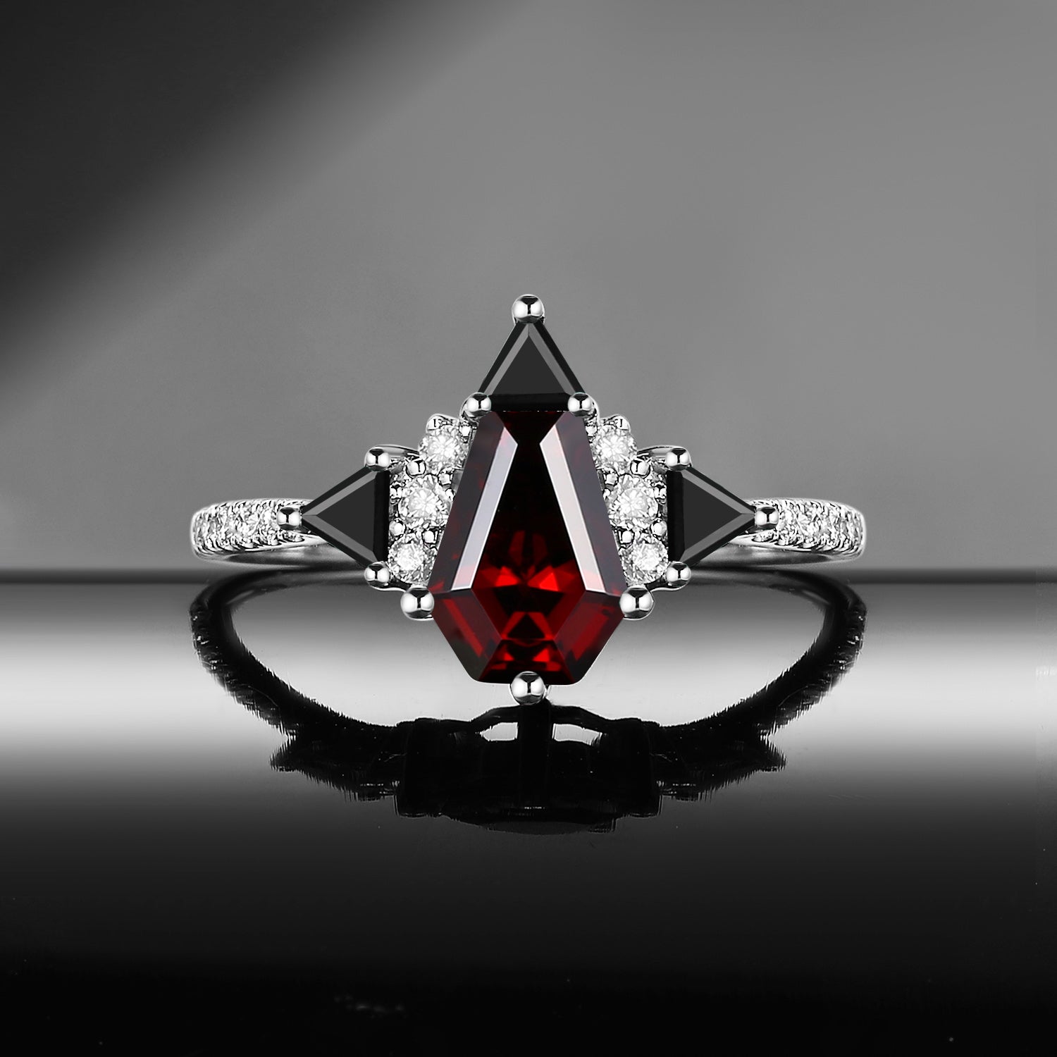 Unique Style Coffin Shaped Garnet Cluster Engagement Ring