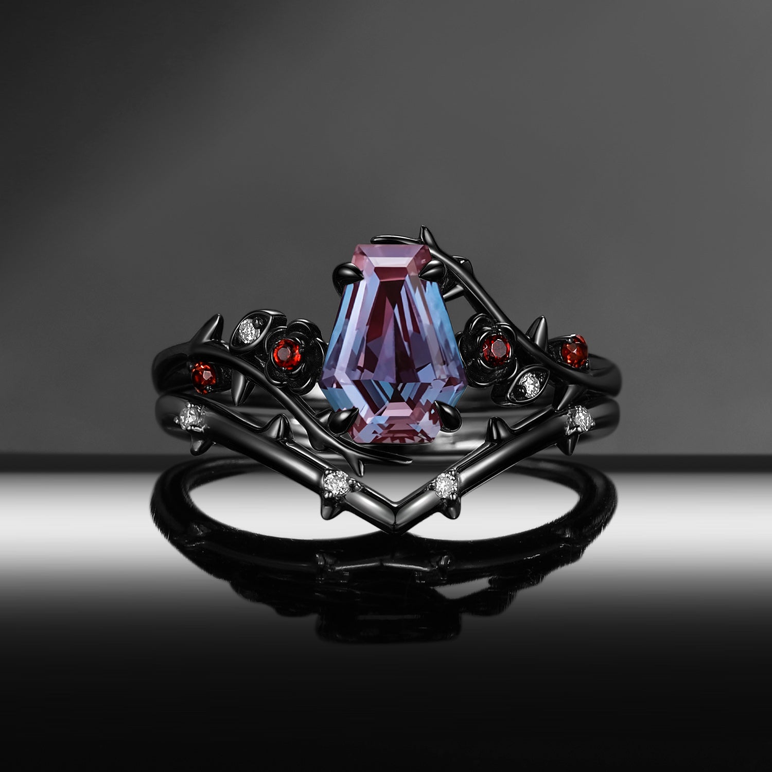 Thorns & Roses - Gothic Coffin Cut Lab Alexandrite Bridal Set with Curved Thorn Band
