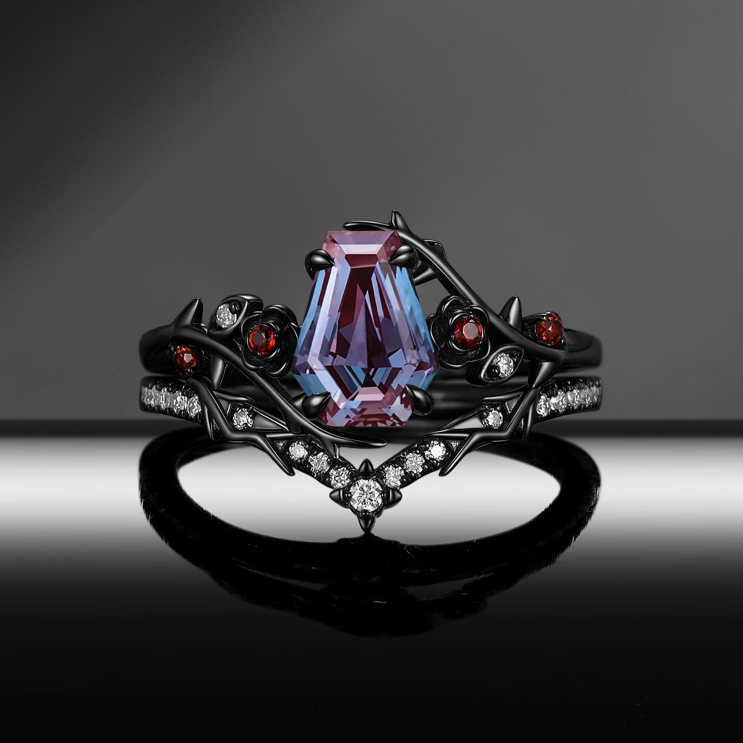 Thorns & Roses - Gothic Coffin Cut Lab Alexandrite Engagement Ring Set with Thorn Band