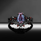 Thorns & Roses - Gothic Coffin Cut Color-Changing Lab Alexandrite Bridal Set with Thorn-Inspired Band