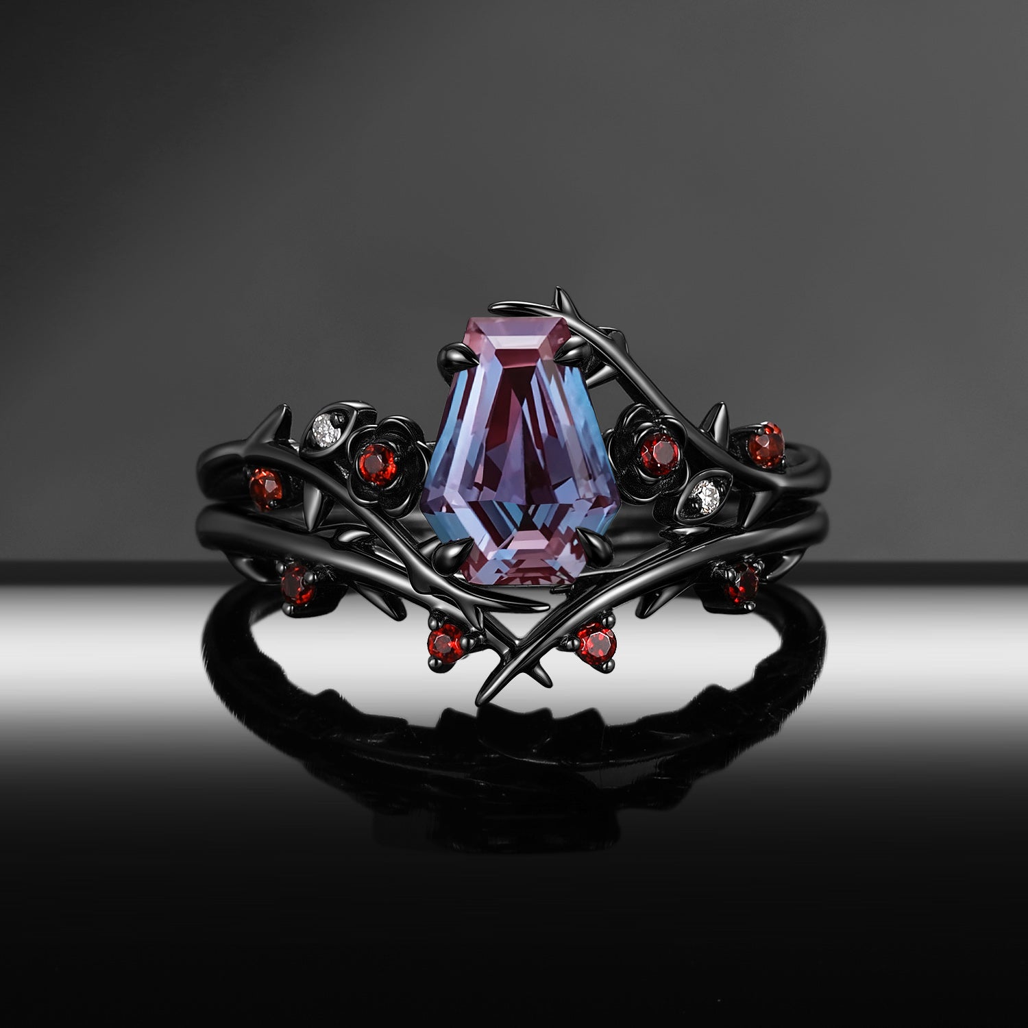 Thorns & Roses - Gothic Coffin Cut Color-Changing Lab Alexandrite Bridal Set with Thorn-Inspired Band