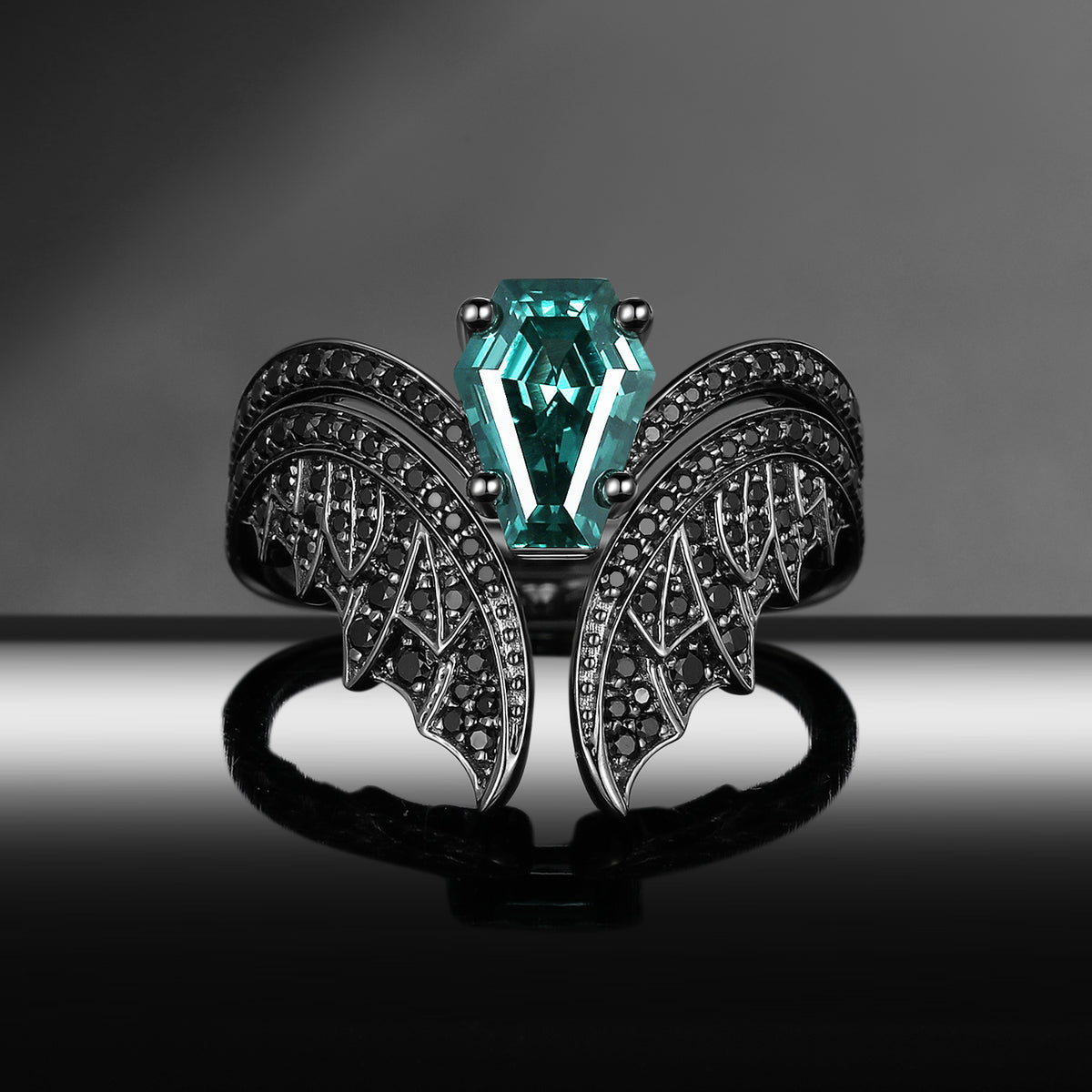 Coffin Cut Lab Teal Sapphire Vintage Black Gold Bridal Set 2pcs - Bat Ring