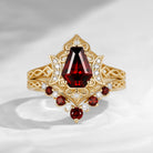 Crescent Moon - Vintage Filigree Coffin Cut Red Garnet Engagement Ring Set with Milgrain Band