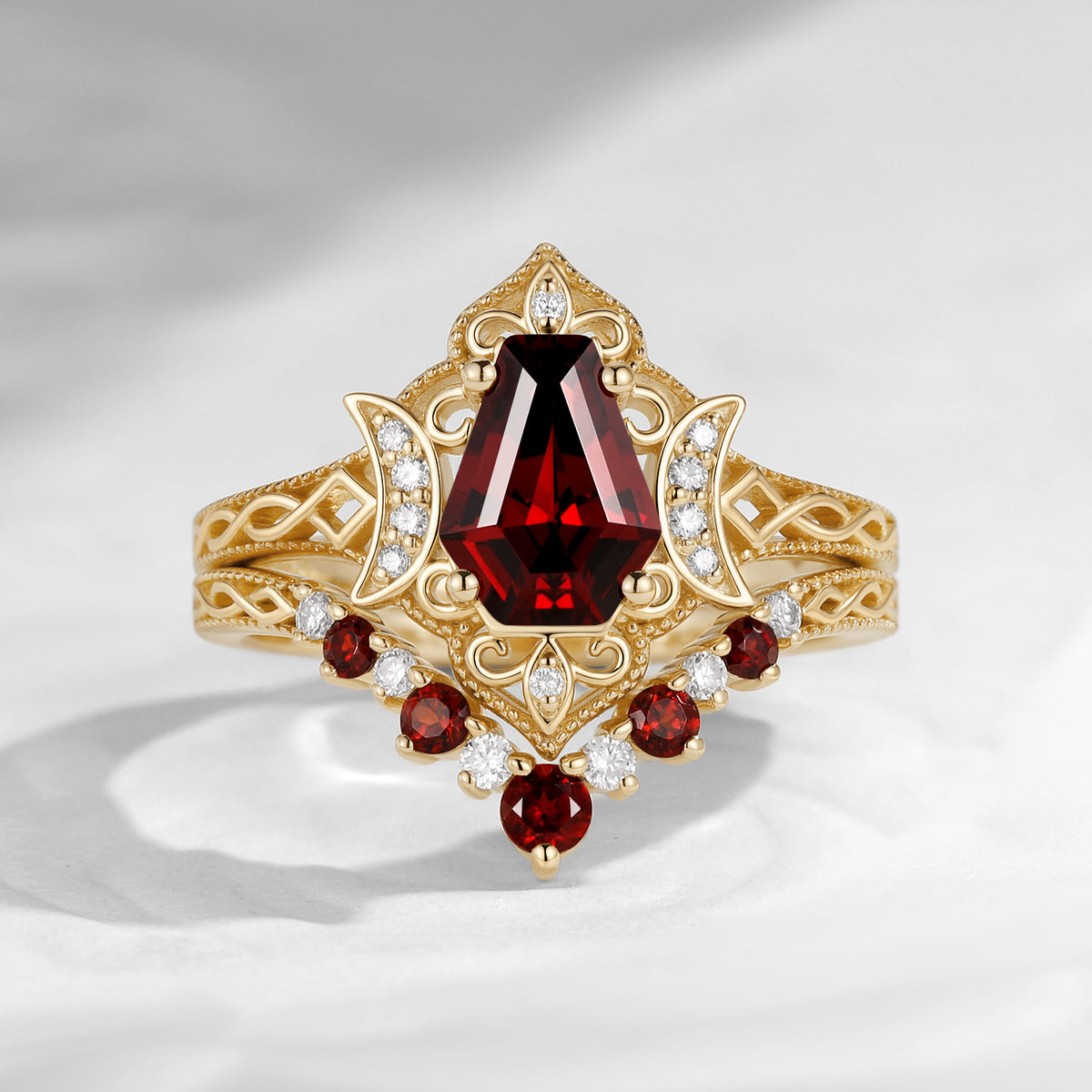 Crescent Moon - Vintage Filigree Coffin Cut Red Garnet Engagement Ring Set with Milgrain Band