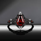 Thorns & Roses - Gothic Coffin Cut Red Garnet Flower Engagement Ring with Rose Inspired Band