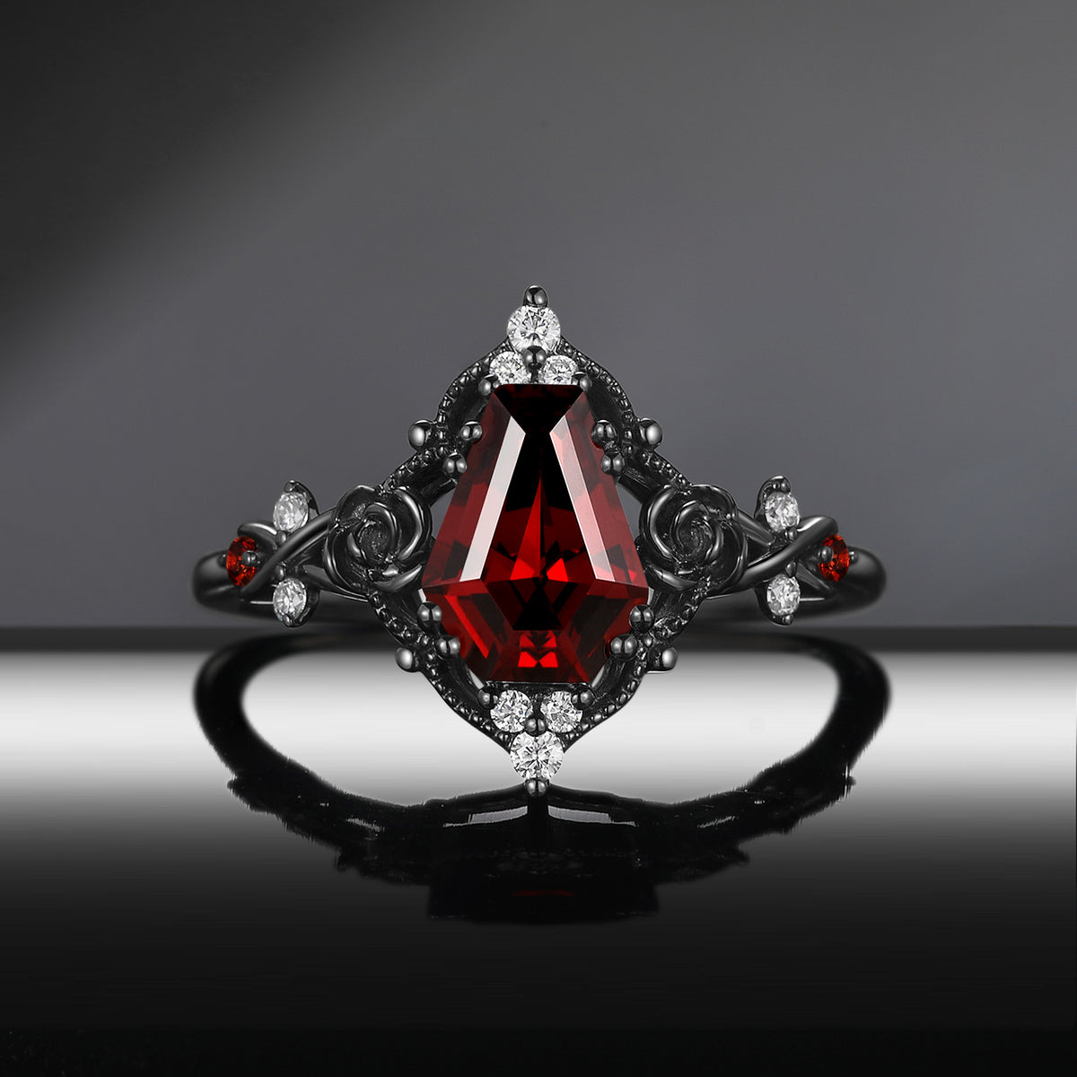 Thorns & Roses - Gothic Coffin Cut Red Garnet Flower Engagement Ring with Rose Inspired Band