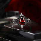 Thorns & Roses - Gothic Coffin Cut Red Garnet Flower Engagement Ring with Rose Inspired Band