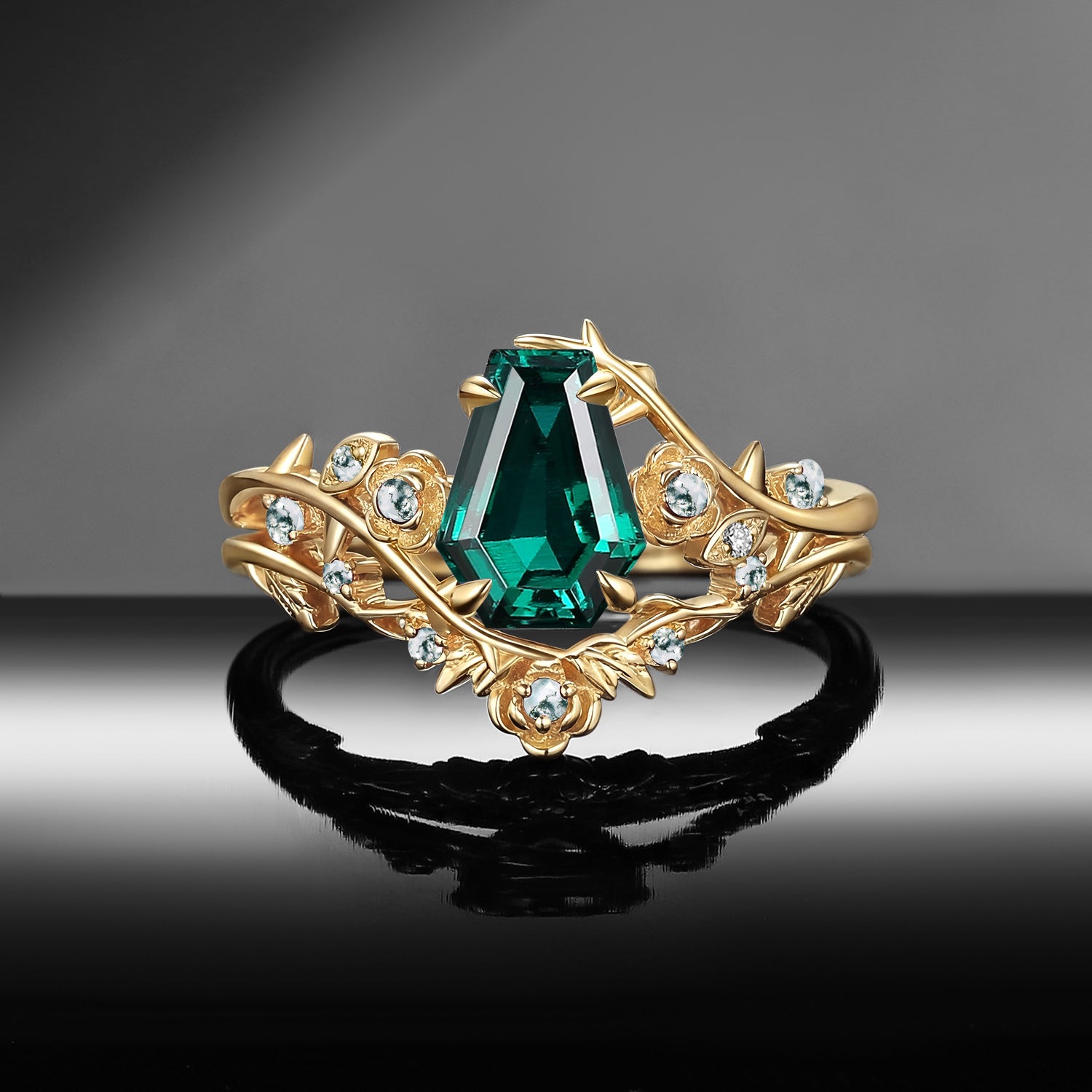 Gothic Nature Inspired Coffin Cut Lab Emerald Engagement Ring Set 2pcs - 'Thorns & Roses'