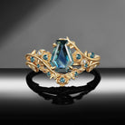 Thorns & Roses - Nature Inspired Coffin Cut Natural Teal Sapphire Engagement Ring Bridal Set with Diamond Accents