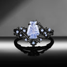 Thorns & Roses - Gothic Nature Inspired Fantasy Carved Coffin Lab Cornflower Sapphire Engagement Ring Set