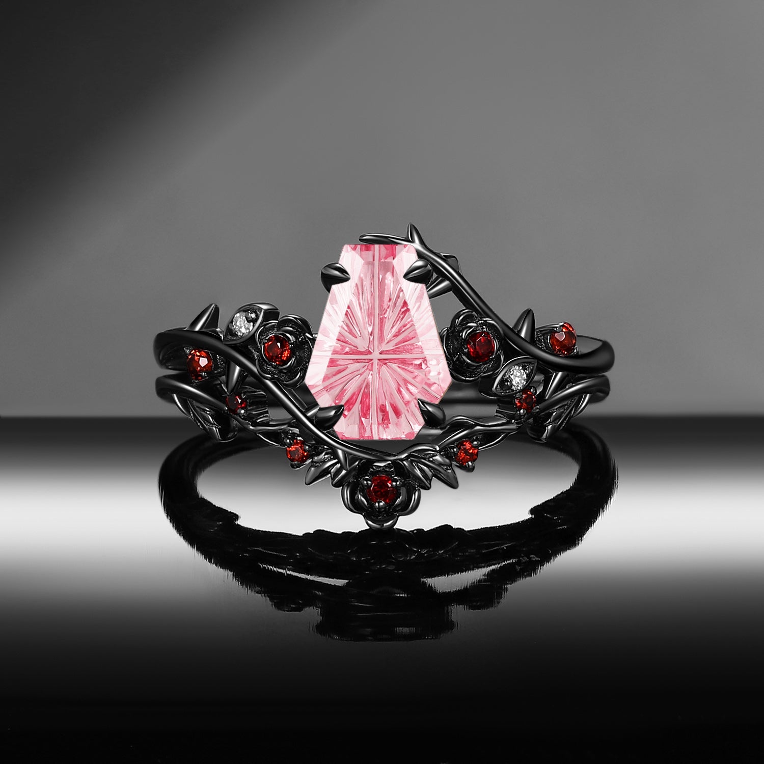 Gothic Nature Inspired Fantasy Carved Coffin Lab Pink Sapphire Engagement Ring Set 2pcs - 'Thorns & Roses'
