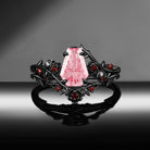 Gothic Nature Inspired Fantasy Carved Coffin Lab Pink Sapphire Engagement Ring Set 2pcs - 'Thorns & Roses'