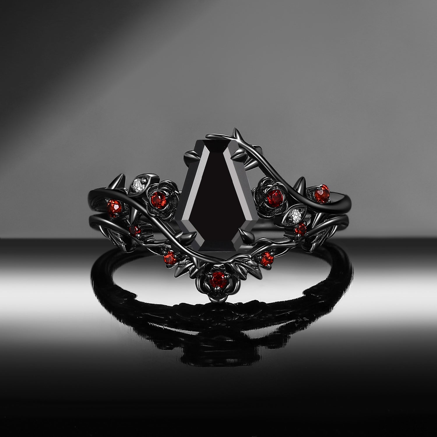 Gothic Nature Inspired Coffin Cut Black Moissanite Engagement Ring Set 2pcs - 'Thorns & Roses'