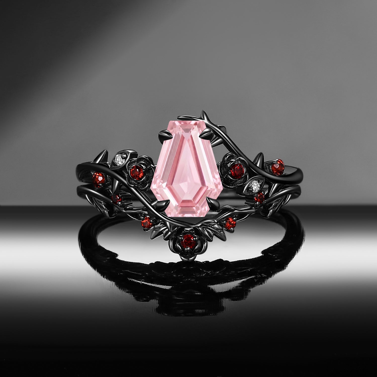 Gothic Nature Inspired Coffin Cut Lab Pink Sapphire Engagement Ring Set 2pcs - 'Thorns & Roses'