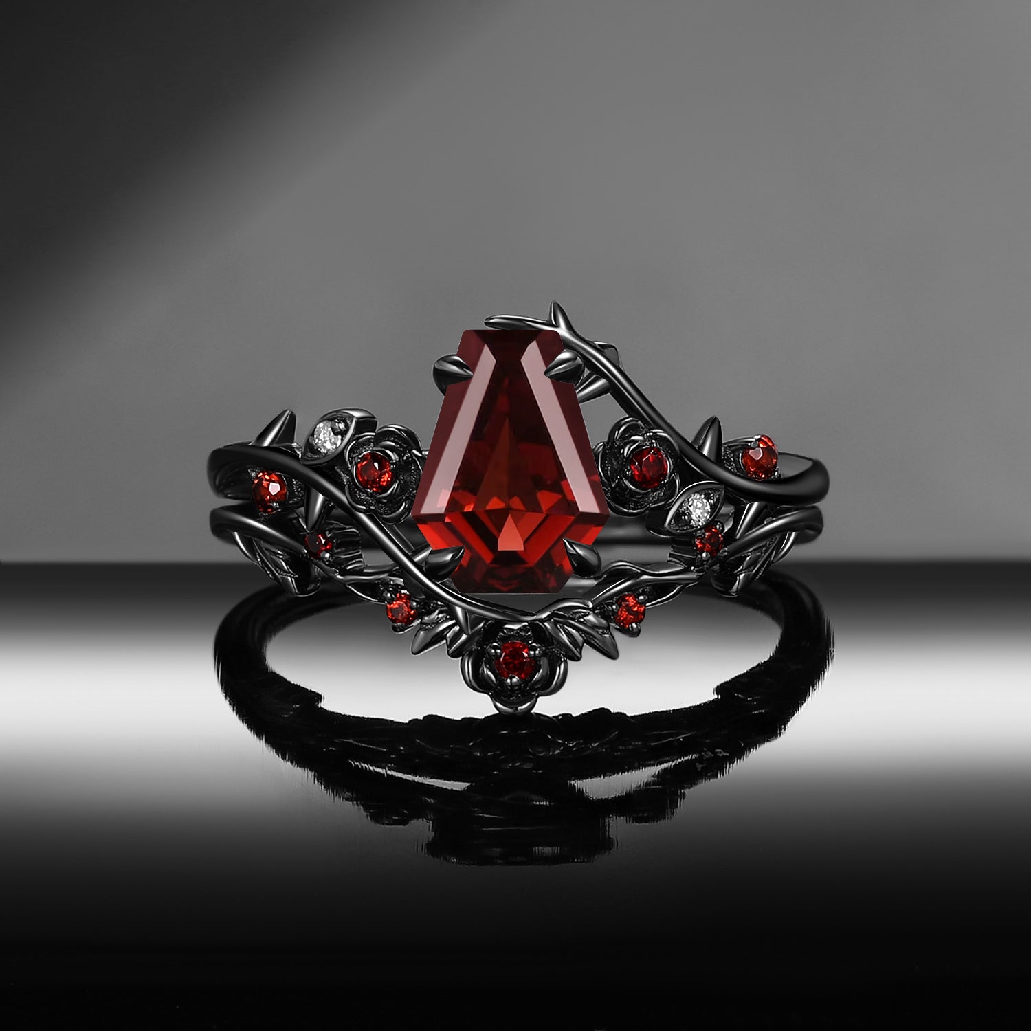 Gothic Nature Inspired Coffin Cut Garnet Engagement Ring Set 2pcs - 'Thorns & Roses'