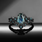 'Thorns & Roses' - Nature Inspired Gothic Coffin Cut Natural Teal Sapphire Engagement Ring Bridal Set