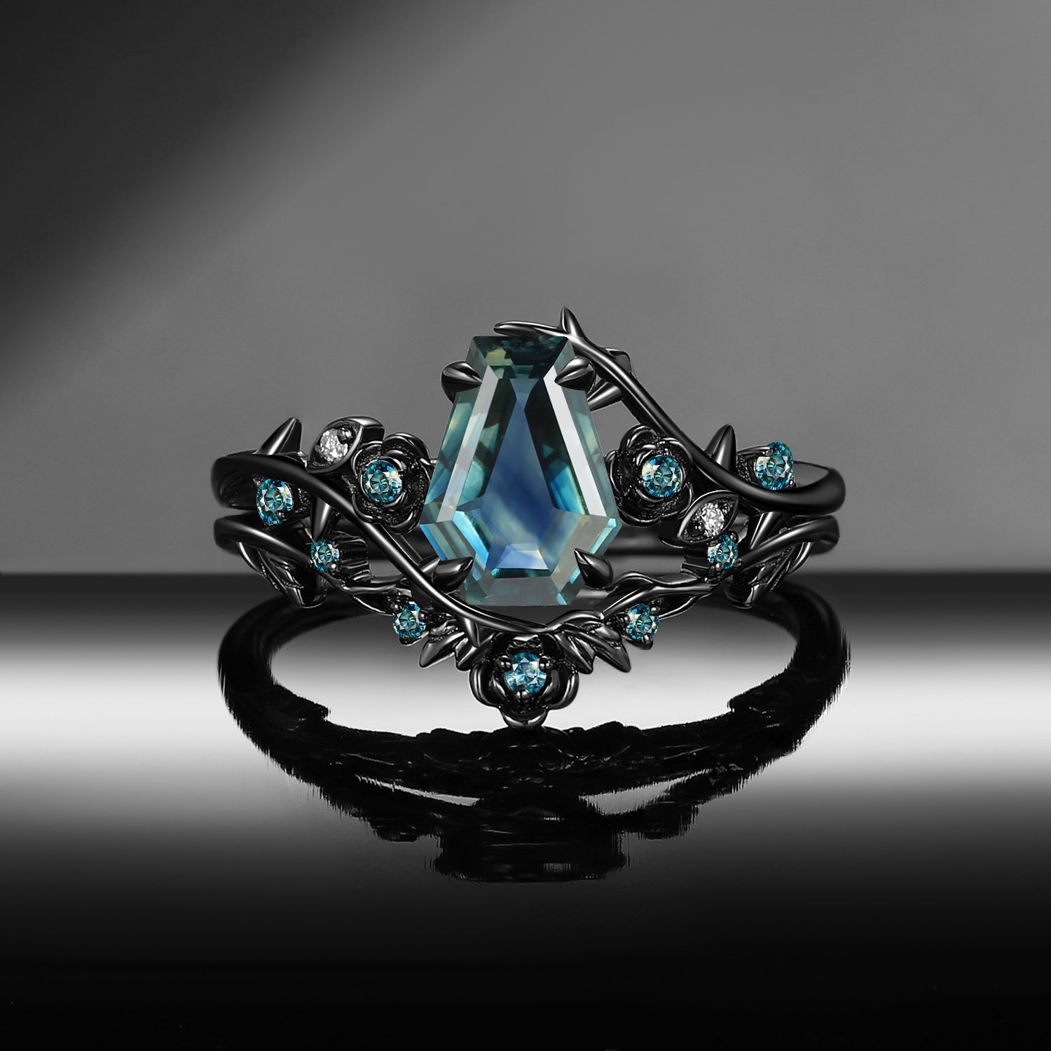'Thorns & Roses' - Nature Inspired Gothic Coffin Cut Natural Teal Sapphire Engagement Ring Bridal Set