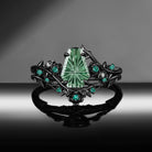 Gothic Nature Inspired Fantasy Carved Coffin Lab Green Sapphire Engagement Ring Set 2pcs - 'Thorns & Roses'