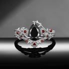 Gothic Nature Inspired Pear Cut Black Moissanite Engagement Ring Set 2pcs - 'Thorns & Roses'