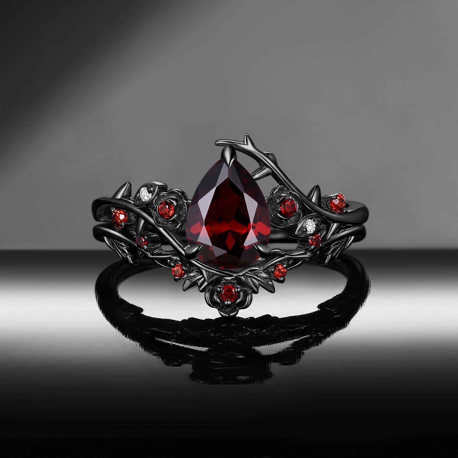 'The Fine Print' - Nature Inspired Pear Cut Garnet Thorns & Roses Bridal Set with Twisted Vine Band
