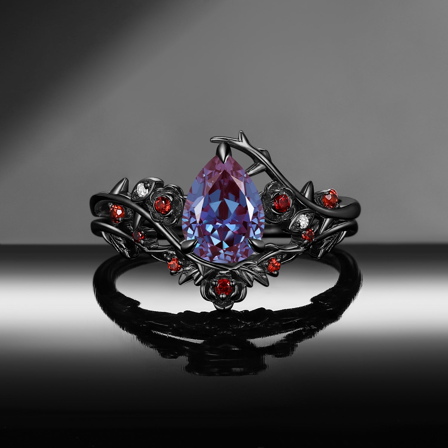 Gothic Nature Inspired Pear Cut Lab Alexandrite Engagement Ring Set 2pcs - 'Thorns & Roses'
