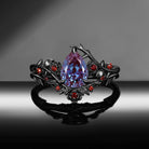 Gothic Nature Inspired Pear Cut Lab Alexandrite Engagement Ring Set 2pcs - 'Thorns & Roses'
