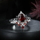'Ultra Celestial' - Coffin Cut Red Garnet Moon & Star Engagement Ring Set with Black Enamel Moon Design