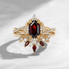 Celestial Ring - Long Hexagon Cut Red Garnet Bridal Set with Twisted Infinity Band
