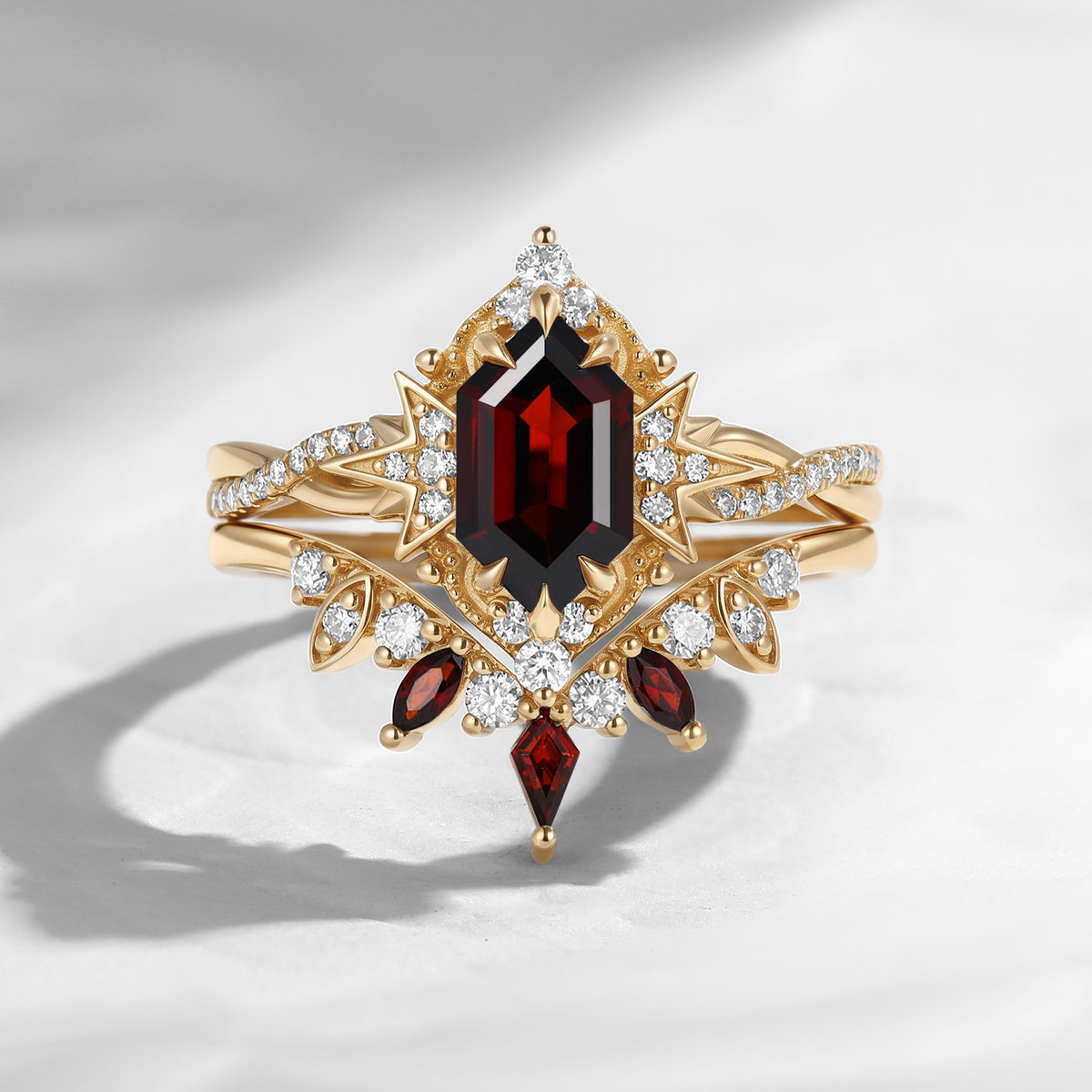 Celestial Ring - Long Hexagon Cut Red Garnet Bridal Set with Twisted Infinity Band