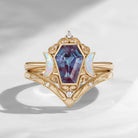Crescent Moon - Vintage Coffin Cut Lab Alexandrite Engagement Ring Set with Milgrain Detailing