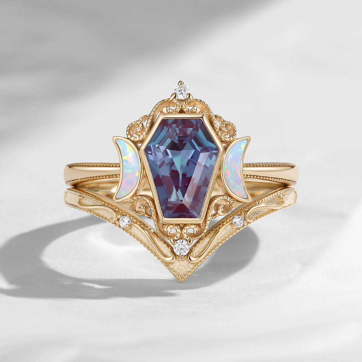 Crescent Moon - Vintage Coffin Cut Lab Alexandrite Engagement Ring Set with Milgrain Detailing
