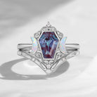 Crescent Moon - Vintage Coffin Cut Lab Alexandrite Engagement Ring Set with Milgrain Detailing