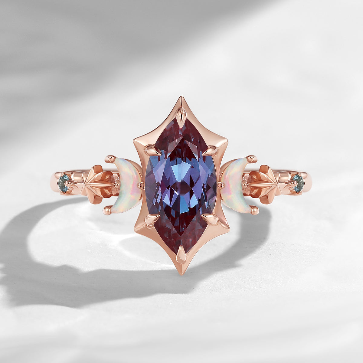 Celestial Ring - Moon-inspired Marquise Cut Lab Alexandrite Engagement Ring with Half Moon Accents